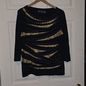 Karen Scott Black Long Sleeve Top with Gold Design